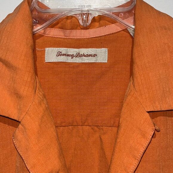 Tommy Bahama Men's Orange Textured 100% Silk Short Sleeve Button Up Shirt Medium - Picture 6 of 12